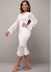 Lace Stitching White V Neck Mermaid Dress