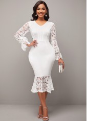 Lace Stitching White V Neck Mermaid Dress