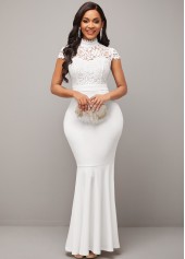 Lace Stitching Mock Neck White Mermaid Dress