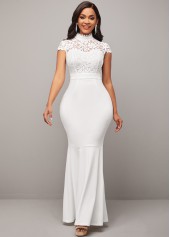Lace Stitching Mock Neck White Mermaid Dress