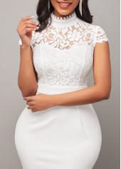 Lace Stitching Mock Neck White Mermaid Dress