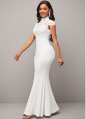 Lace Stitching Mock Neck White Mermaid Dress