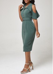 Flounce Cold Shoulder Blackish Green Dress