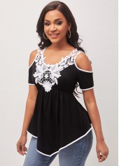 Cold Shoulder Lace Patchwork Black T Shirt