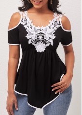 Cold Shoulder Lace Patchwork Black T Shirt