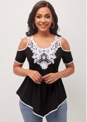 Cold Shoulder Lace Patchwork Black T Shirt
