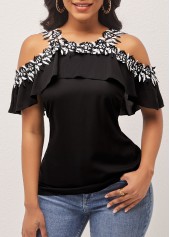 Flounce Lace Stitching Cold Shoulder Black Blouse