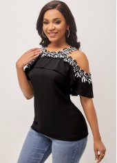 Flounce Lace Stitching Cold Shoulder Black Blouse