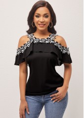 Flounce Lace Stitching Cold Shoulder Black Blouse