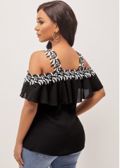 Flounce Lace Stitching Cold Shoulder Black Blouse