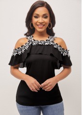 Flounce Lace Stitching Cold Shoulder Black Blouse