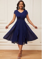 Chiffon Navy Blue V Neck Short Sleeve Dress