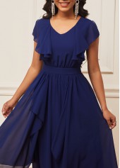Chiffon Navy Blue V Neck Short Sleeve Dress