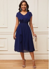 Chiffon Navy Blue V Neck Short Sleeve Dress