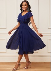 Chiffon Navy Blue V Neck Short Sleeve Dress