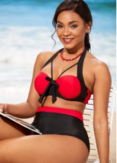 High Waisted Bowknot Color Block Bikini Set