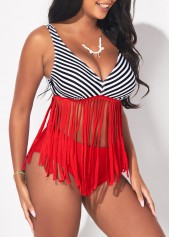 Tassel Red Striped Mid Waist Bikini Set