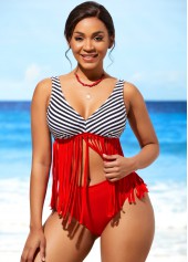 Tassel Red Striped Mid Waist Bikini Set