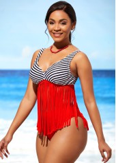 Tassel Red Striped Mid Waist Bikini Set