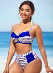 Royal Blue Stripe Print Contrast Bikini Set