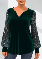 Dark Green Velvet Stitching Split Neck Sequin T Shirt