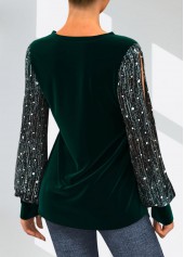Dark Green Velvet Stitching Split Neck Sequin T Shirt