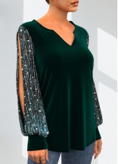 Dark Green Velvet Stitching Split Neck Sequin T Shirt