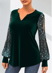 Dark Green Velvet Stitching Split Neck Sequin T Shirt