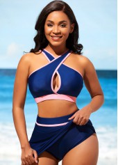 Contrast Stitch High Waist Navy Blue Bikini Set