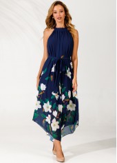 Floral Print Belted Navy Blue Bib Neck Dress