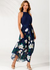 Floral Print Belted Navy Blue Bib Neck Dress