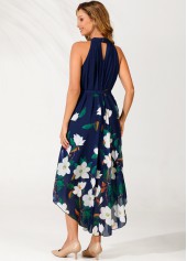 Floral Print Belted Navy Blue Bib Neck Dress