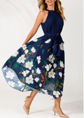 Floral Print Belted Navy Blue Bib Neck Dress