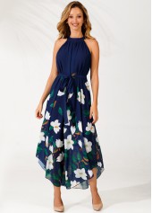Floral Print Belted Navy Blue Bib Neck Dress