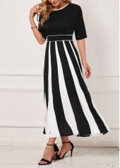 Black Monochrome Stripe Round Neck Dress