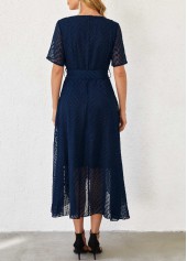 Chiffon Cut Flowers Belted Navy Blue Dress