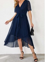 Chiffon Cut Flowers Belted Navy Blue Dress