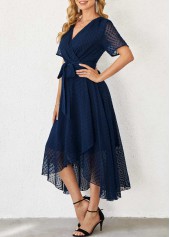 Chiffon Cut Flowers Belted Navy Blue Dress