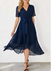 Chiffon Cut Flowers Belted Navy Blue Dress