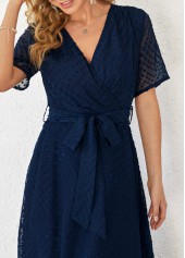 Chiffon Cut Flowers Belted Navy Blue Dress