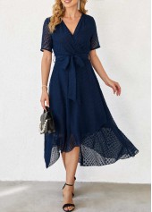 Chiffon Cut Flowers Belted Navy Blue Dress