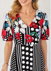 Polka Dot and Floral Print Short Sleeve Dress