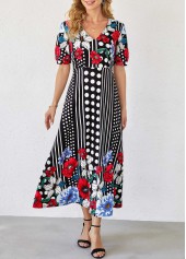 Polka Dot and Floral Print Short Sleeve Dress