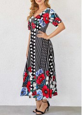 Polka Dot and Floral Print Short Sleeve Dress