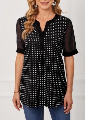 Polka Dot Split Neck Black Short Sleeve Blouse