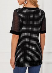 Polka Dot Split Neck Black Short Sleeve Blouse