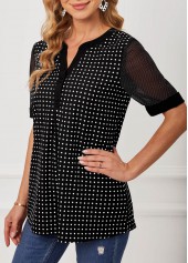 Polka Dot Split Neck Black Short Sleeve Blouse