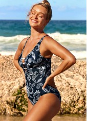 Tribal Print Navy Blue Wide Strap One Piece Swimwear