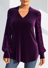 Purple Christmas Design Sequin Velvet Stitching T Shirt
