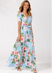 Light Blue Belted V Neck Floral Print Tiered Dress